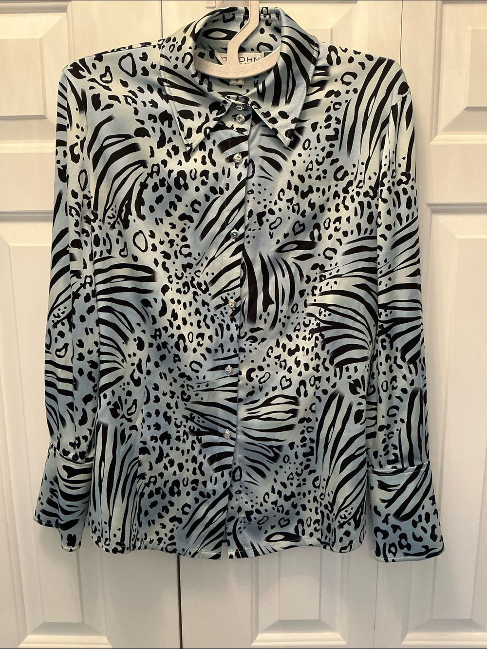 St. John Collection Animal Print Button-Up Blouse - Black on Light Blue
